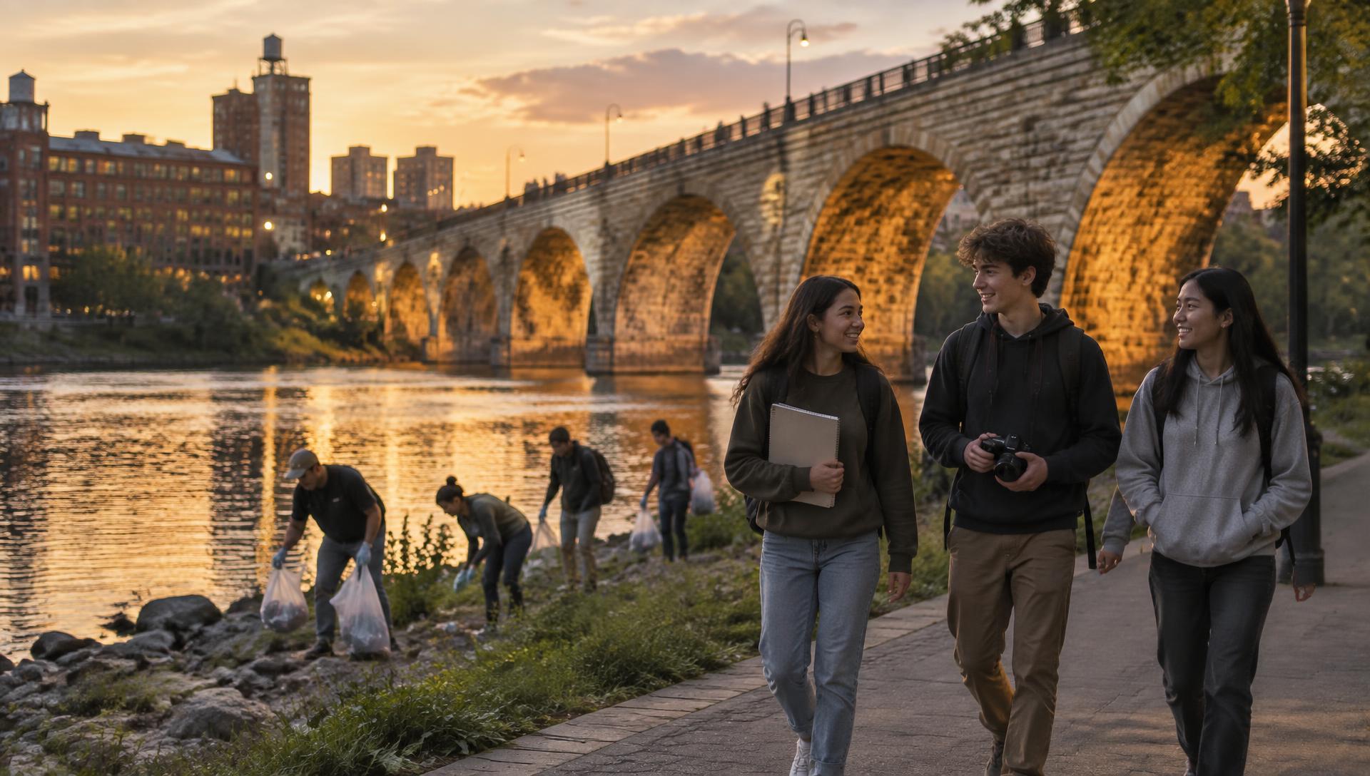 Students walking along the Minneapolis riverfront beneath the Stone Arch Bridge at dusk